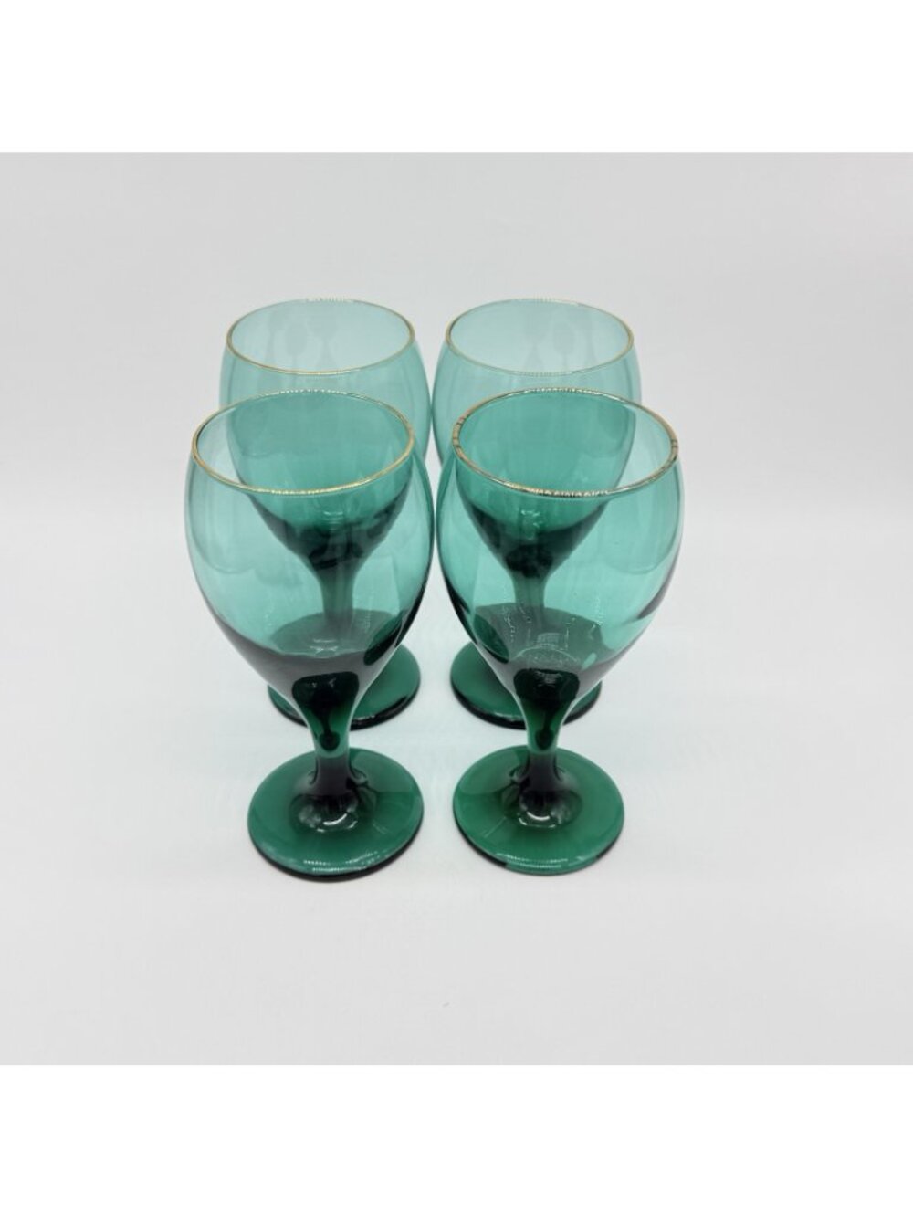 Vintage Set Of 4 Libbey Glass Juniper Green Teardrop Water Wine Goblets Gold Rim - Picture 3 of 8